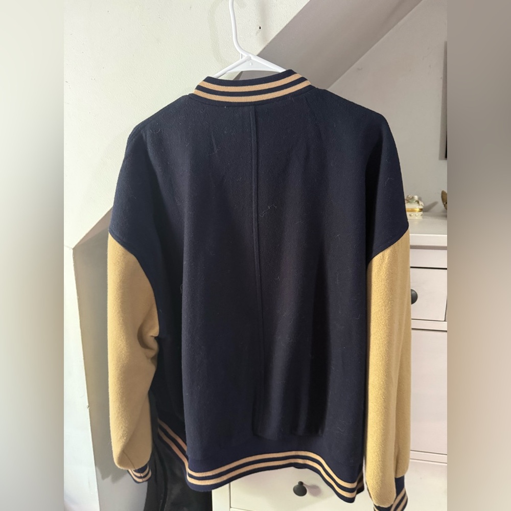 Free People wool Navy and Tan Contrast Varsity Jacket - Picture 2 of 7